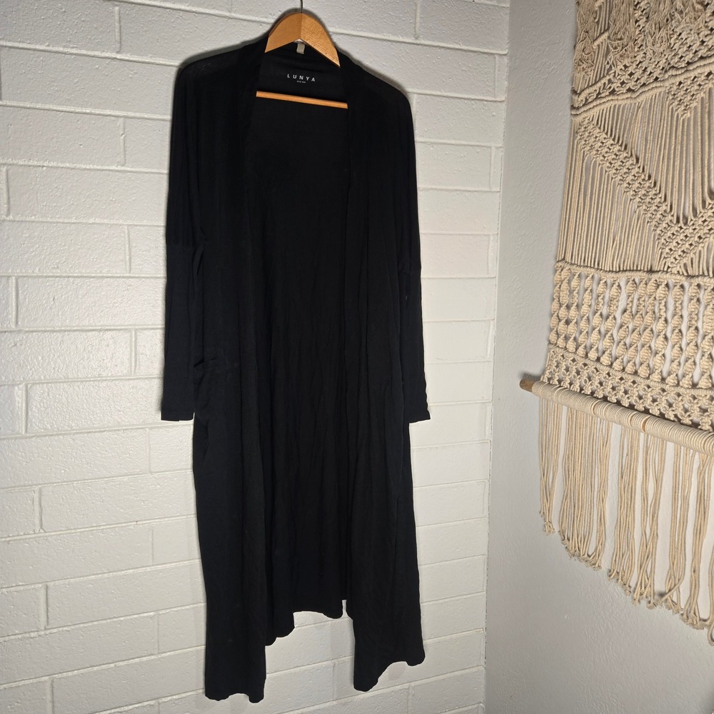 Lunya Pima Cotton Robe Long Cardigan One Size Black Open Front Pocket Minimalist